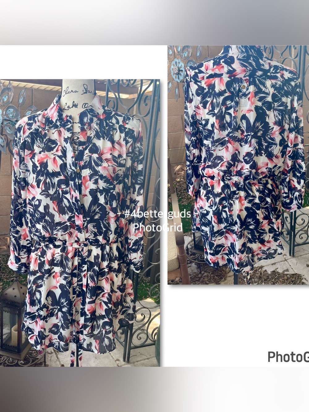 NEW Cals Brand Floral Print Pink Blue Button Up Drawstring Lined Shirt Dress LG
